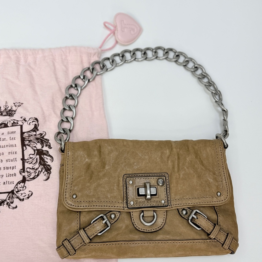 Auth vintage Juicy Couture Leather Clutch Bag chunky silver metal Chain Strap